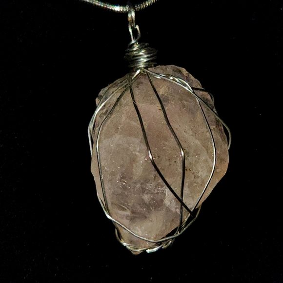 Wire Wrapped Raw Rose Quartz Crystal Silver Necklace - Picture 4 of 4